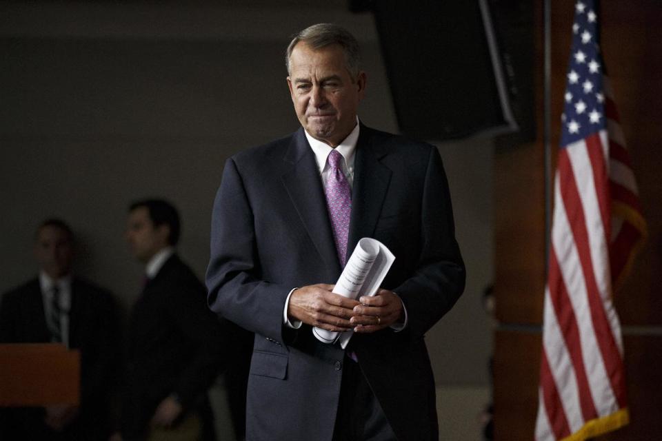 House Speaker John Boehner of Ohio arrives for a news conference on Capitol Hill in Washington, Thursday, Feb. 6, 2014. Boehner said Thursday it will be difficult to pass immigration legislation this year, dimming prospects for one of President Barack Obama's top domestic priorities. (AP Photo/J. Scott Applewhite)