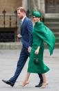 <p>Meghan wore a green Emilia Wickstead cape dress with a matching William Chambers hat to her final public outing as a senior royal at Westminster Abbey in March 2020. </p>