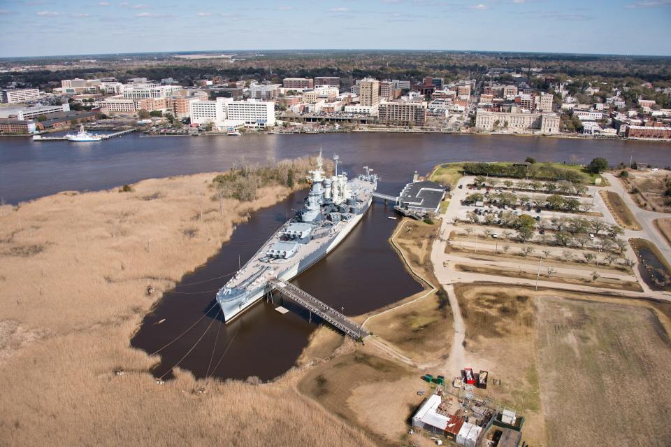 An aerial view of the USS North Carolina Battleship