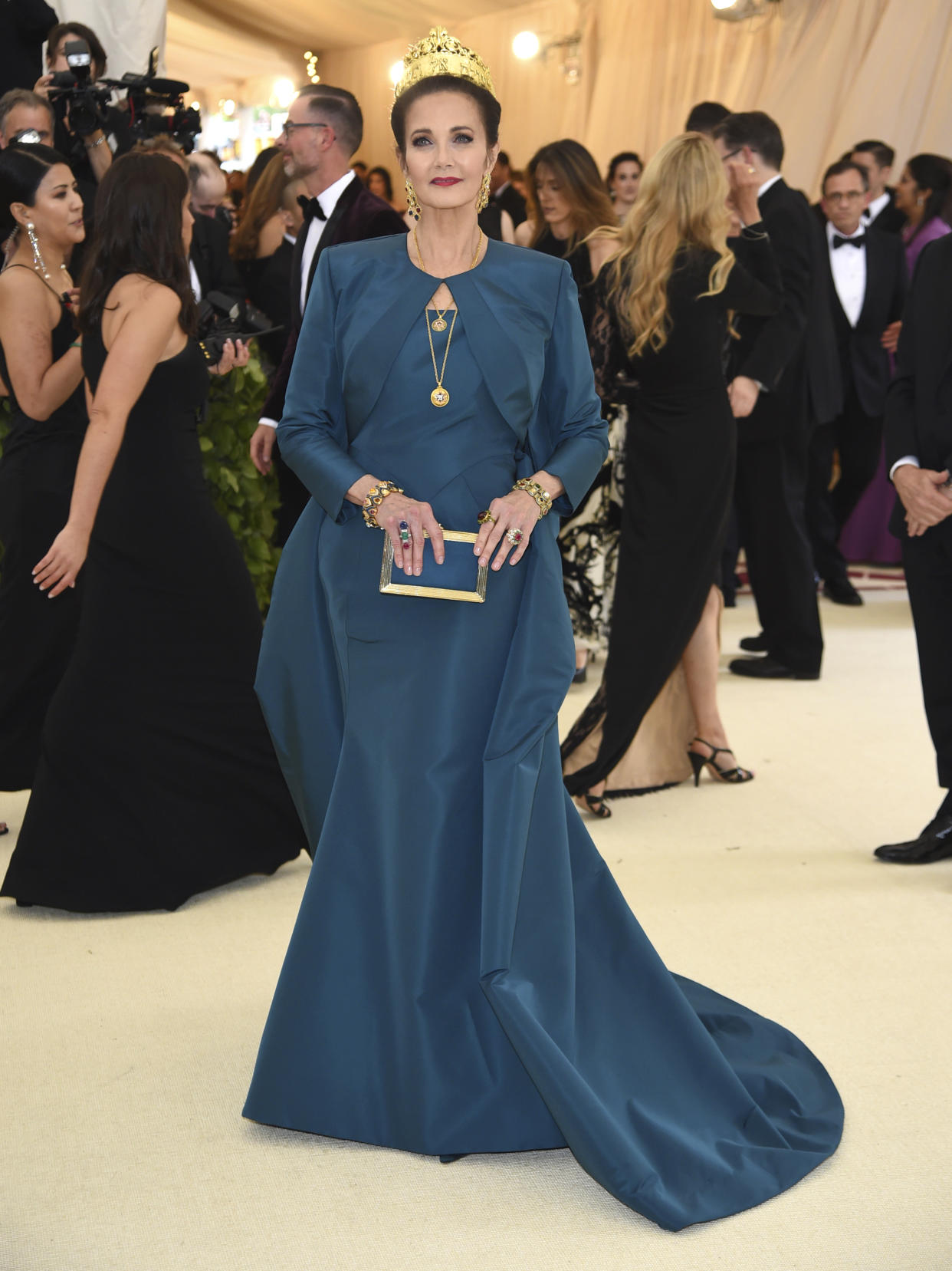 Lynda Carter attends The Metropolitan Museum of Art’s Costume Institute benefit gala celebrating the opening of the Heavenly Bodies: Fashion and the Catholic Imagination exhibition on Monday, May 7, 2018, in New York. (Photo by Evan Agostini/Invision/AP)