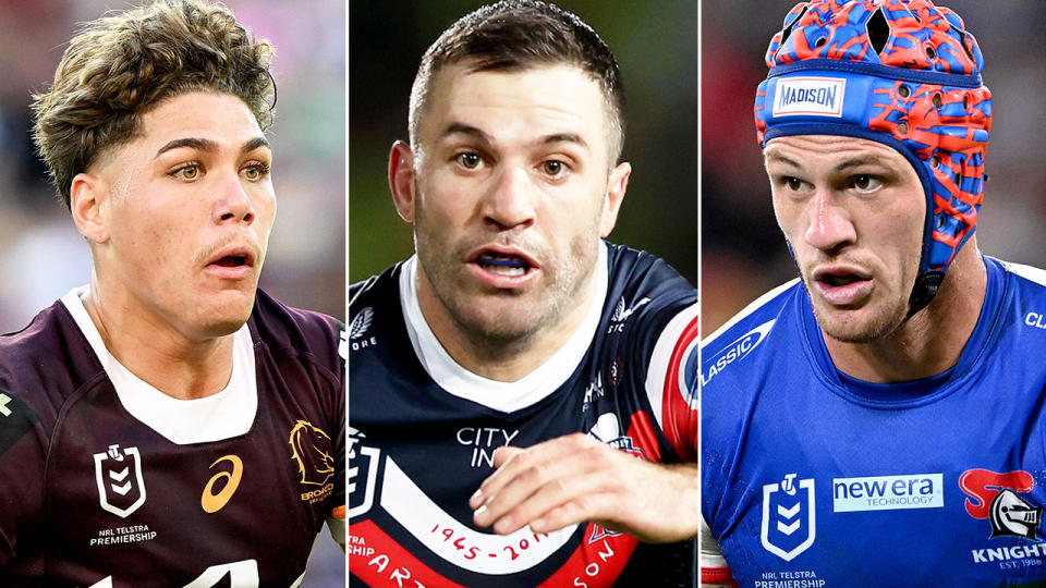 From left to right, NRL stars Reece Walsh, Kalyn Ponga and James Tedesco.
