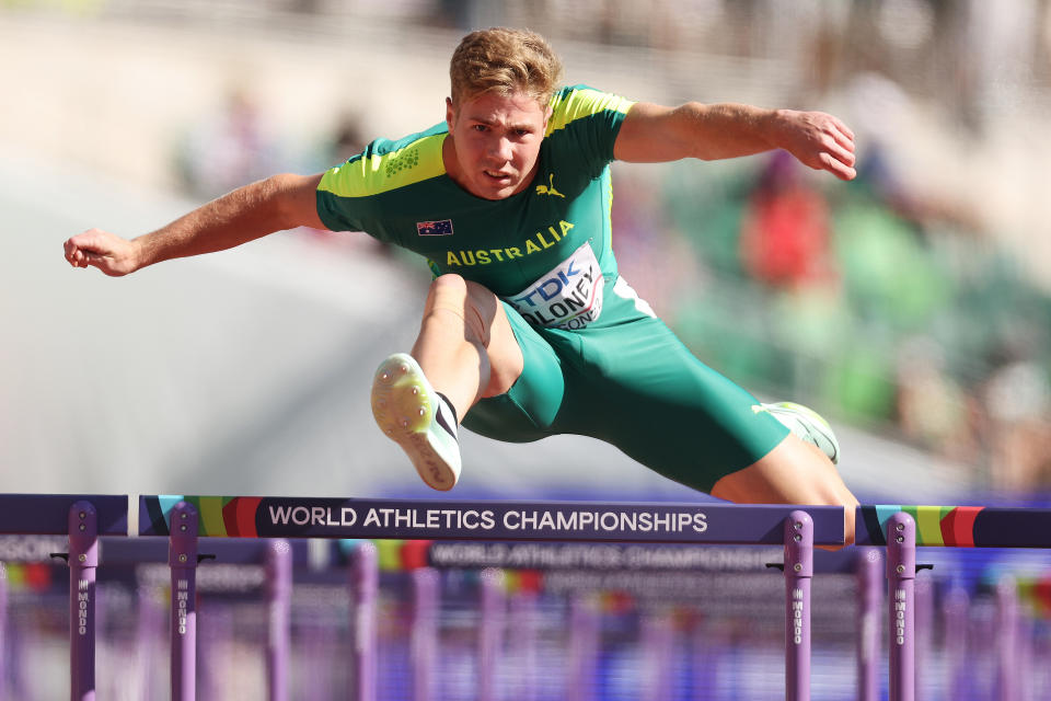 Ashley Moloney, pictured here competing in the men's decathlon 110m hurdles at the world championships.