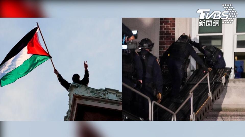 示威者佔領漢彌爾頓大樓（Hamilton Hall），警方爬雲梯逮人。（圖／達志影像路透社）