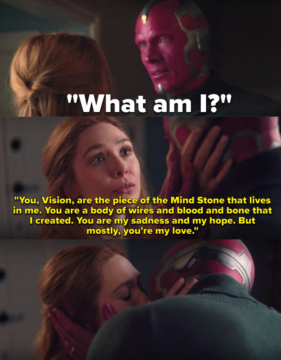 Vision and Wanda Maximoff hold each other's faces as they talk before sharing a kiss