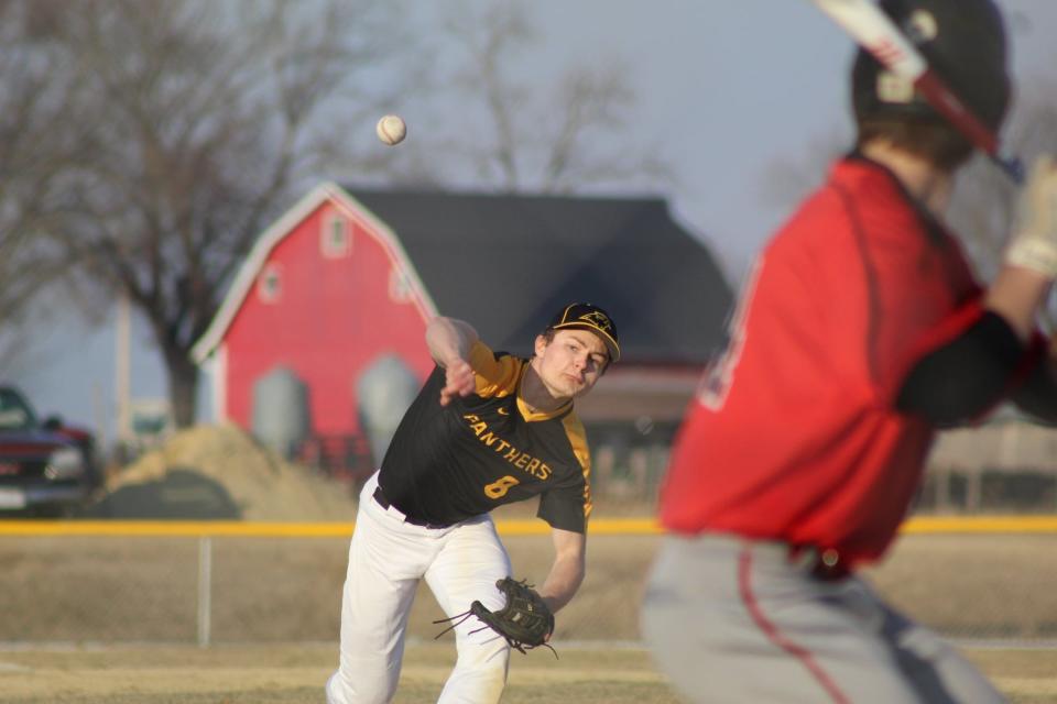 Senior Ethan Fye (8) is one of Lena-Winslow's top players, both on the mound and at the plate.
