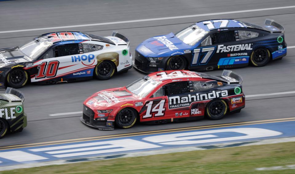 Mitchell's Chase Briscoe (14) races in heavy traffic last weekend in the Geico 500 at Talladega Superspeedway.