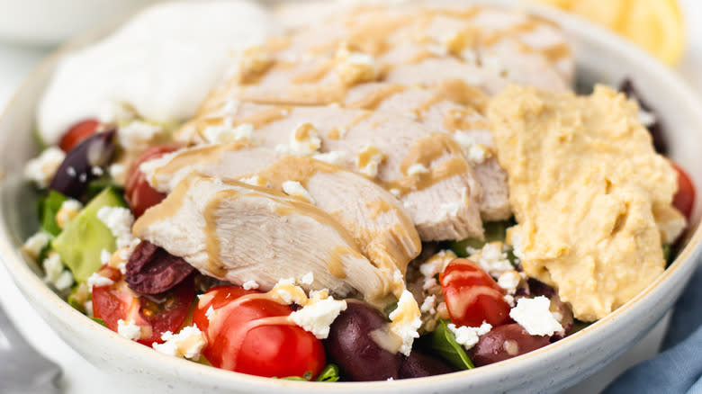 Close up of a Mediterranean chicken salad bowl
