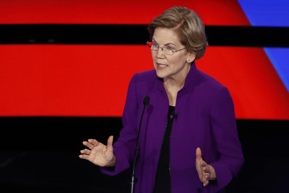 Democratic presidential candidate Sen. Elizabeth Warren, D-Mass., speaks Tuesday, Jan. 14, 2020, during a Democratic presidential primary debate hosted by CNN and the Des Moines Register in Des Moines, Iowa. (AP Photo/Patrick Semansky)