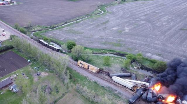 Fire is seen on a Union Pacific train carrying hazardous material that has derailed in Sibley, Iowa, U.S., in this still frame obtained from social media drone video dated May 16, 2021