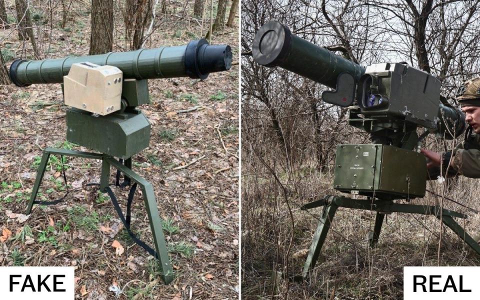 A mock Stugna-P anti-tank missile. The real thing is trained on Russian targets