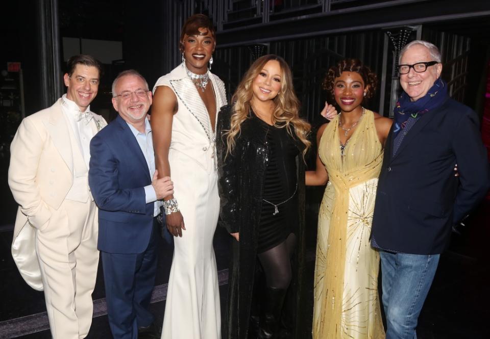 NEW YORK, NEW YORK - FEBRUARY 10: (EXCLUSIVE COVERAGE) (L-R) Christian Borle, Composer/Lyricist Marc Shaiman, J. Harrison Ghee, Producer Mariah Carey, Adrianna Hicks and Lyricist Scott Wittman pose backstage at "Some Like it Hot" on Broadway at The Shubert Theater on February 10, 2023 in New York City. Mariah Carey is a Producer on the "Some Like It Hot" Broadway show and has been a Marilyn Monroe fan all her life. The show is based on the 1959 Billy Wilder film classic. (Photo by Bruce Glikas/WireImage)