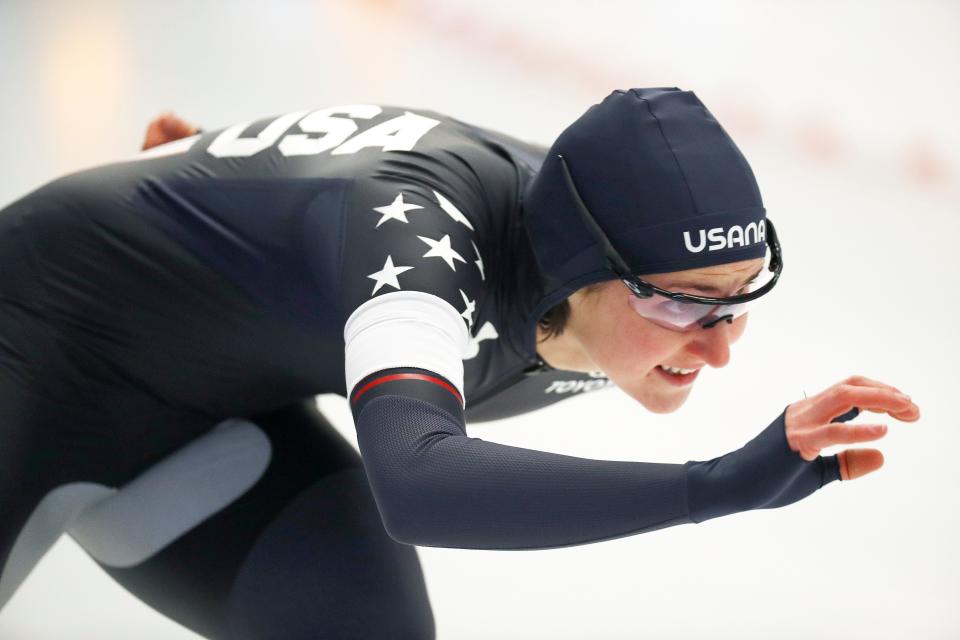 Kimi Goetz of the U.S. competes during the women's 1,000 meters race at the ISU single distance Speedskating World Championships in Inzell, Germany, Saturday, Feb. 9, 2019. (AP Photo/Matthias Schrader)