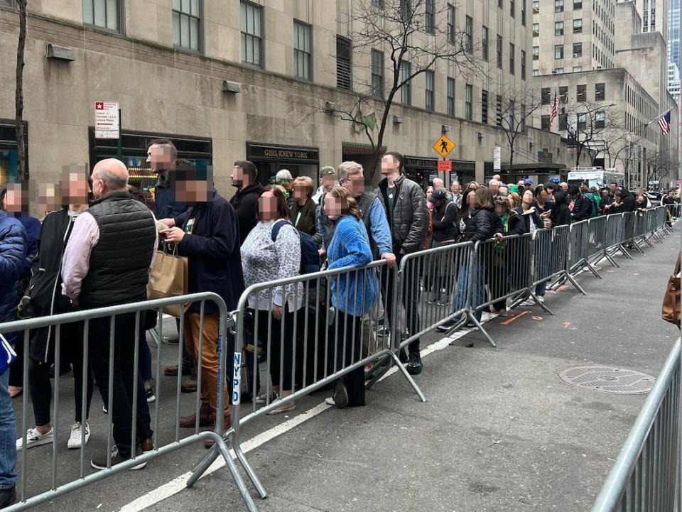 One of the lines to cross the street at the St. Patrick's Day Parade.