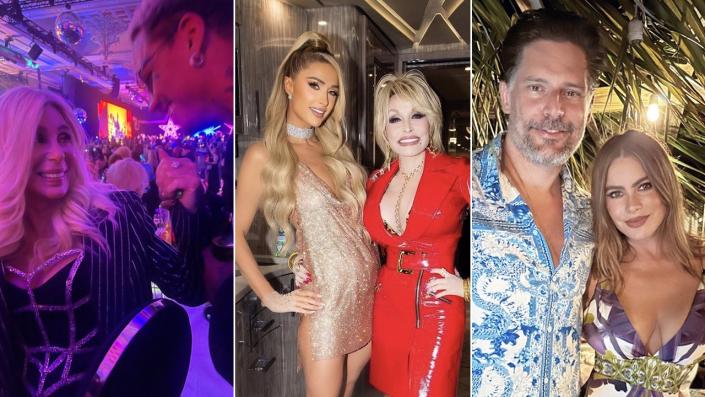 Cher resplandece mientras su novio Alexander la mira dividida Paris Hilton con un vestido dorado posa junto a Dolly Parton con un vestido rojo escotado dividida Sofia Vergara y Joe Manganiello posan juntos para una foto