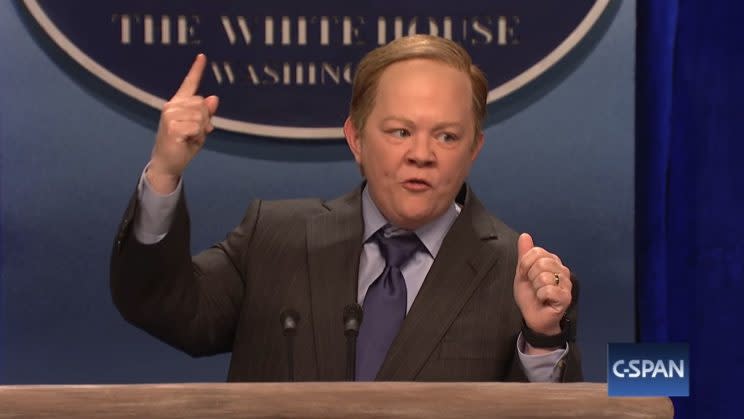 Melissa McCarthy as White House press secretary Sean Spicer on <em>Saturday Night Live</em>. (Photo: NBC)