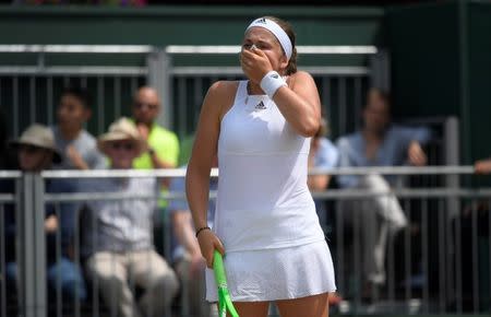 Tennis - Wimbledon - London, Britain - July 10, 2017 Latvia’s Jelena Ostapenko reacts during her fourth round match against Ukraine’s Elina Svitolina REUTERS/Toby Melville