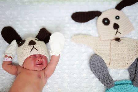 A newborn baby wearing a dog costume to celebrate the New Year of the Dog is pictured at the nursery room of Paolo Chockchai 4 Hospital in Bangkok, Thailand, December 28, 2017. REUTERS/Athit Perawongmetha