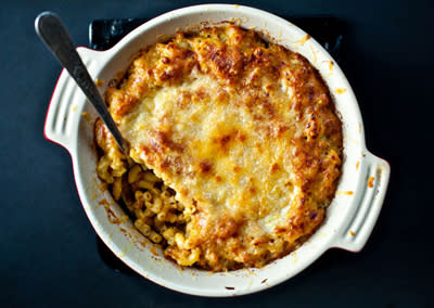 <div class="caption-credit"> Photo by: Photo by Ashley Rodriguez</div><b>Pumpkin Mac and Cheese</b> <br> Stir canned pumpkin and grated sharp cheddar cheese into a béchamel sauce. Toss with cooked elbow macaroni and pour into a buttered baking dish. Top with more grated cheese and bake in a 375° oven until bubbling and browned on top, about 20 minutes <br> <i>RECIPE BY Teri Tsang Barrett</i>