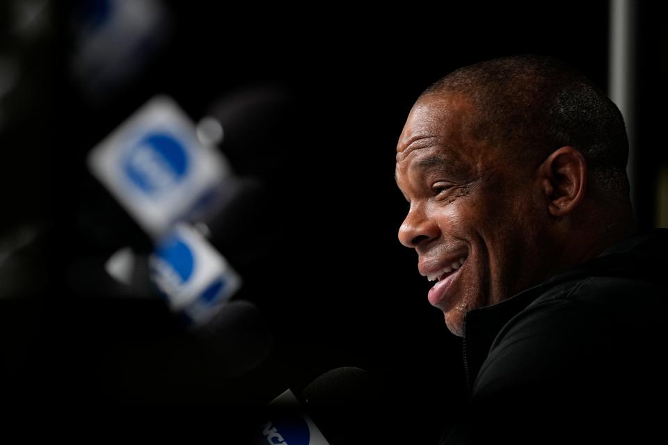 North Carolina head coach Hubert Davis speaks during a news conference about the Men's Final Four NCAA basketball tournament, Sunday, April 3, 2022, in New Orleans. North Carolina will face Kansas in the final game on Monday. (AP Photo/Brynn Anderson)