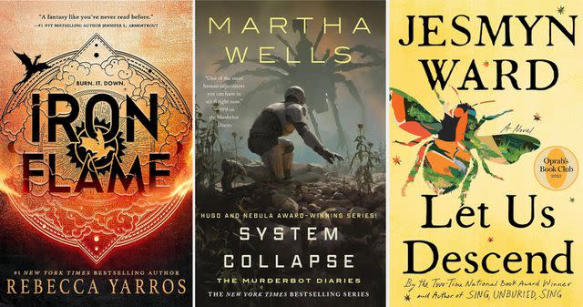 <p>Amazon</p> 'Iron Flame' by Rebecca Yarros, 'System Collapse' by Martha Wells and 'Let Us Descend' by Jesmyn Ward