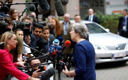 Britain's Prime Minister Theresa May arrives at the EU summit meeting in Brussels, Belgium, October 19, 2017. REUTERS/Francois Lenoir