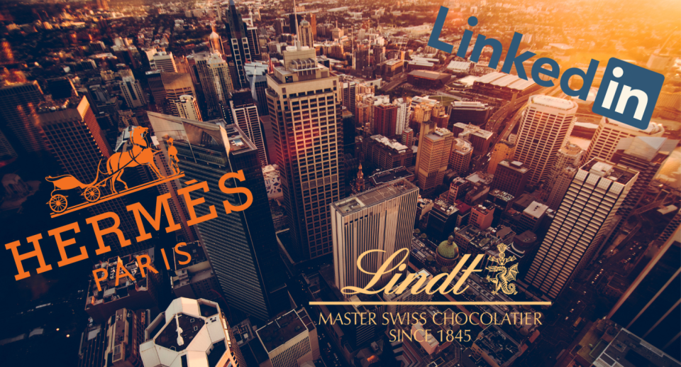 Stylised image of the Sydney CBD skyline, with logos of Hermes, LinkedIn and Lindt superimposed to represent company tax