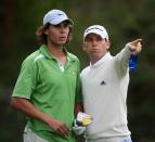 <p>Rafael Nadal gets directions from Sergio Garcia during the Castello Masters Costa Azahar at the Club de Campo del Mediterraneo in October 2008.</p>