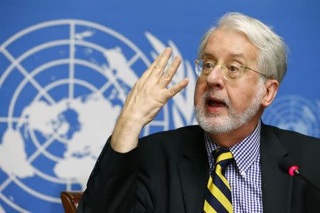 Chief investigator Paulo Pinheiro, a member of the Independent International Commission of Inquiry on the Syrian Arab Republic, attends a news conference at the United Nations headquarters in Geneva August 27, 2014. REUTERS/Pierre Albouy