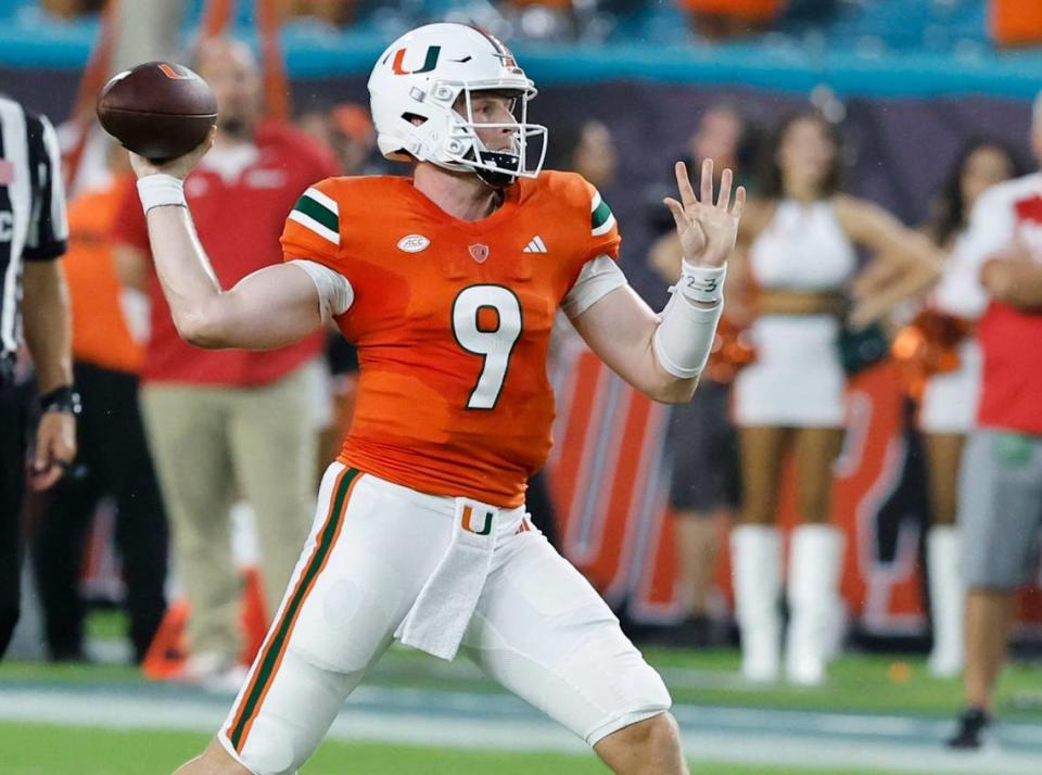 Miami Hurricanes quarterback Tyler Van Dyke (9) sets up to pass against the Miami of Ohio Redhawks in the first half in Miami Gardens, Florida on Friday, September 1, 2023.