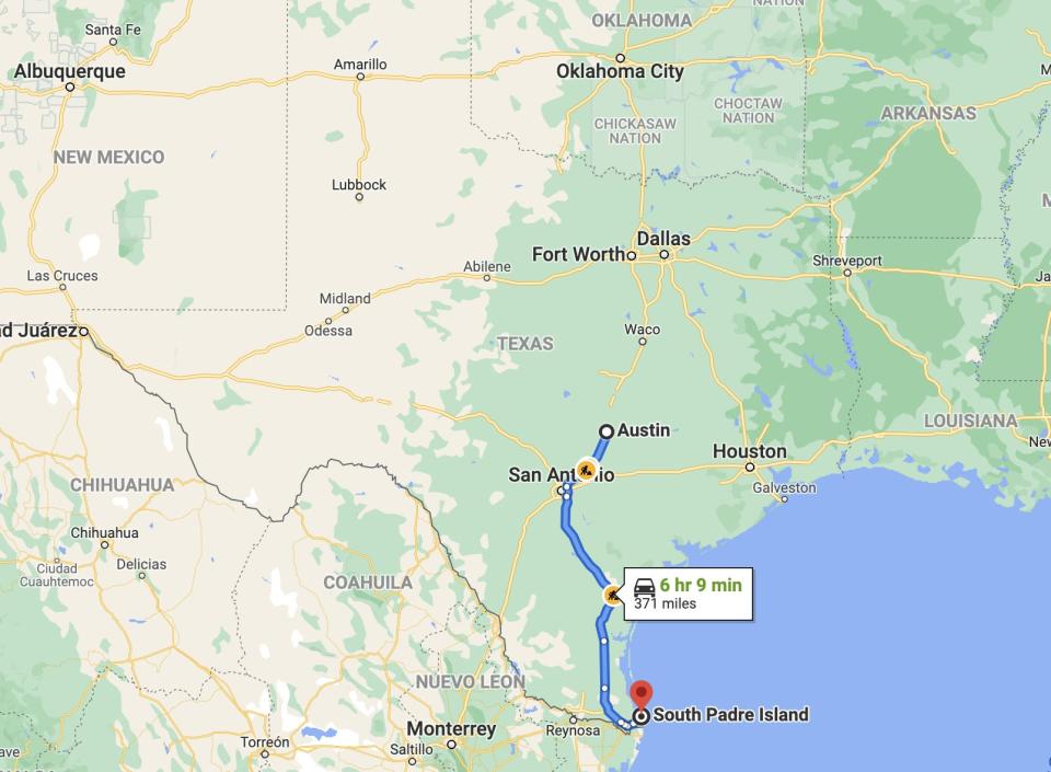 A map showing the distance from Austin to South Padre Island.