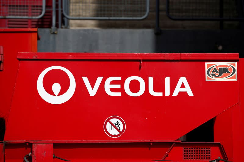 FILE PHOTO: The logo of Veolia Environnement is seen on a waste compactor in Velizy-Villacoublay