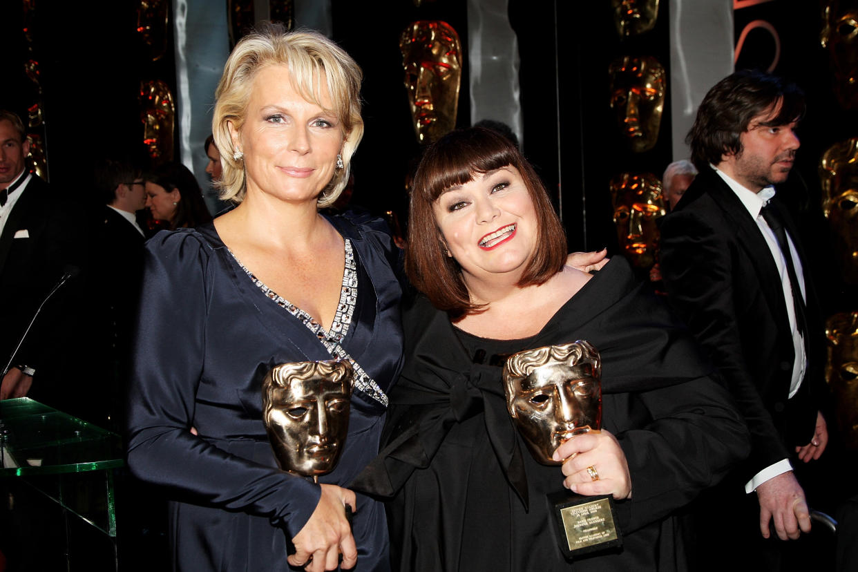 LONDON - APRIL 26: Jennifer Saunders and Dawn French pose in the press room at the BAFTA Television Awards 2009 held at The Royal Festival Hall, Southbank Centre on April 26, 2009 in London, England. (Photo by Dave Hogan/Getty Images)