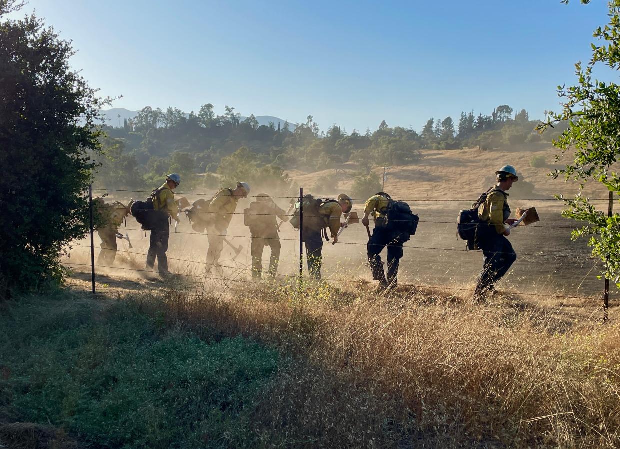 A Ventura County Fire Department hand crew creates a barrier around a grassy area to contain a brush fire in Ojai in July. Two agency supervisors were recently disciplined after a member of the hand crew was treated for "overexertion" in training.