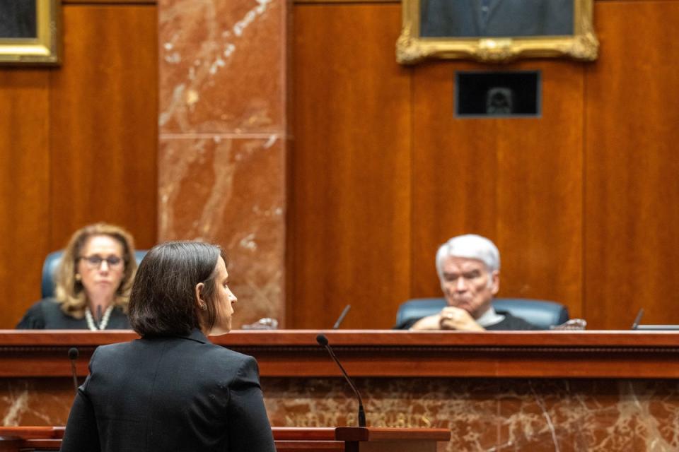 Center for Reproductive Rights attorney Molly Duane argues to Texas Supreme Court justices on 28 November. (AFP via Getty Images)