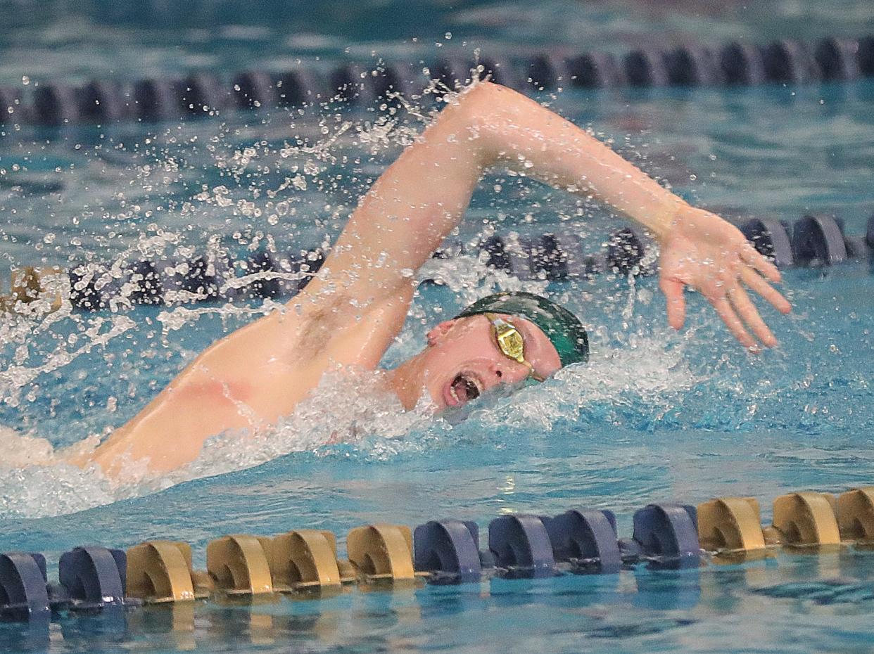 Firestone's Jonny Marshall on his way to a meet record in the 200 yard freestyle event in the Division I Sectional Championships on Saturday, Feb. 11, 2023 in Akron, Ohio, at the University of Akron's Ocasek Natatorium.