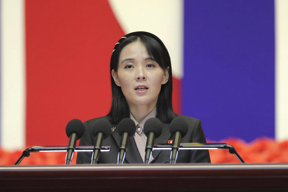 FILE - This photo provided by the North Korean government, Kim Yo Jong, sister of North Korean leader Kim Jong Un, delivers a speech during the national meeting against the coronavirus, in Pyongyang, North Korea, Aug. 10, 2022. Independent journalists were not given access to cover the event depicted in this image distributed by the North Korean government. The content of this image is as provided and cannot be independently verified. (Korean Central News Agency/Korea News Service via AP, File)