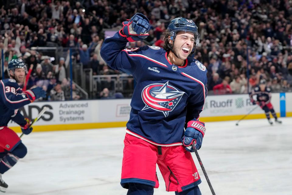 Oct 14, 2022; Columbus, Ohio, USA;  Columbus Blue Jackets left wing Johnny Gaudreau (13) celebrates scoring a goal during the first period of the NHL hockey game against the Tampa Bay Lightning at Nationwide Arena. Mandatory Credit: Adam Cairns-The Columbus Dispatch