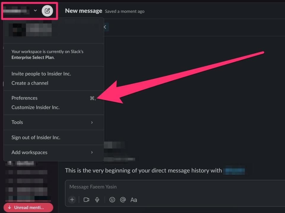A screenshot of Slack with the "preferences" option highlighted.