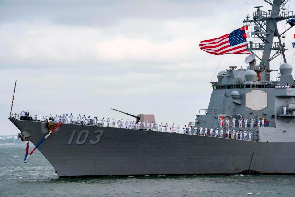 NORFOLK (May 25, 2023) The Arleigh Burke-class guided-missile destroyer USS Truxtun (DDG 103) returns to Naval Station Norfolk following a nine-month deployment with Carrier Strike Group (CSG) 10.