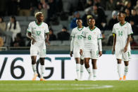 Zambia players react after Spain's Alba Redondo scored her side's third goal during the Women's World Cup Group C soccer match between Spain and Zambia at Eden Park in Auckland, New Zealand, Wednesday, July 26, 2023. (AP Photo/Abbie Parr)