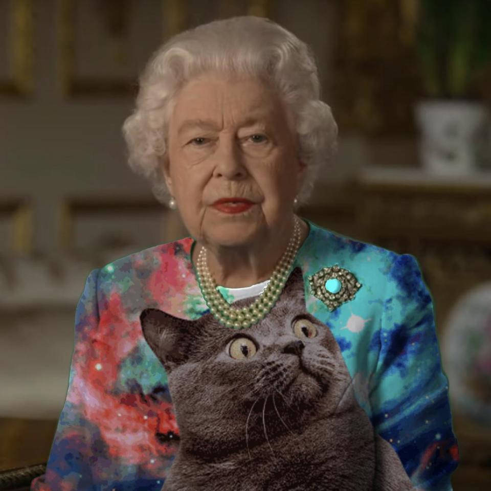 網友將女王身上的衣服改成貓咪迷因。（翻攝自@rockpapercynic推特）
