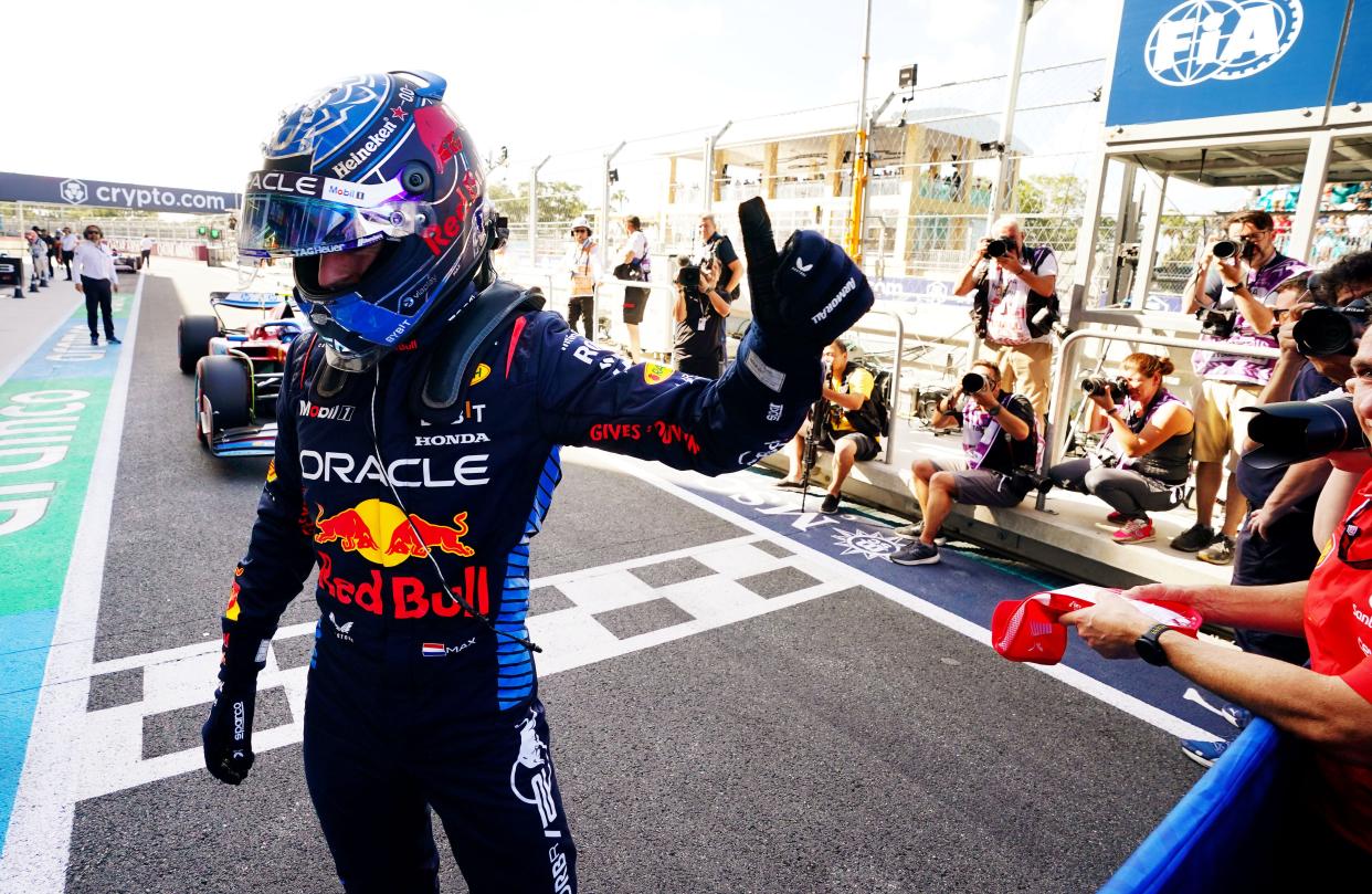 Red Bull Racing driver Max Verstappen (1) qualifies P1 for the Miami Grand Prix Saturday at the Miami International Autodrome. He'll defend his title in Sunday's main event.