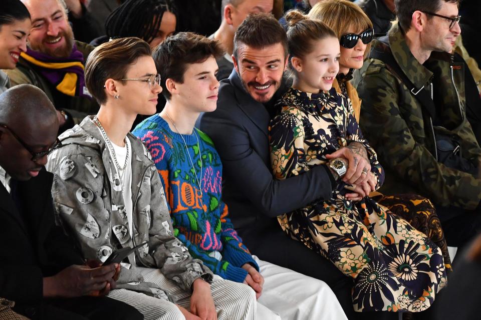 Romeo Beckham, Cruz Beckham, David Beckham and Harper Beckham attend the Victoria Beckham show during London Fashion Week February 2020 on February 16, 2020 in London, England. (Getty Images)