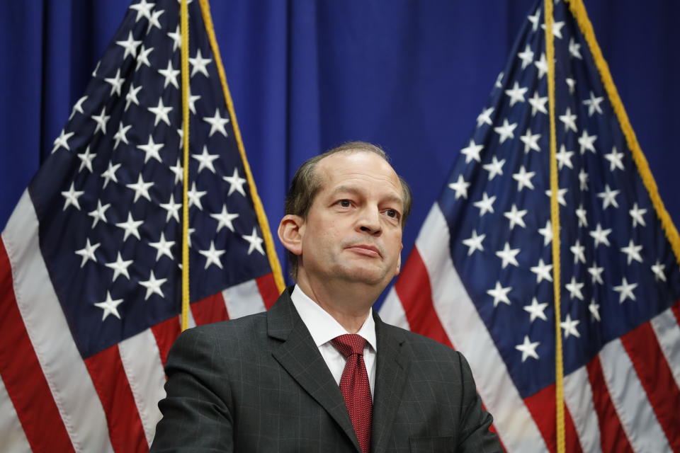 Labor Secretary Alex Acosta pauses as he speaks at the Department of Labor, Wednesday, July 10, 2019, in Washington. (AP Photo/Alex Brandon)
