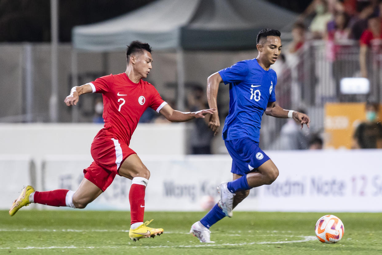 Singapore winger Faris Ramli (right) during the international friendly against Hong Kong in March 2023. He has been called up by new Lions coach Tsutomu Ogura for the upcoming 2026 World Cup qualifiers against China.