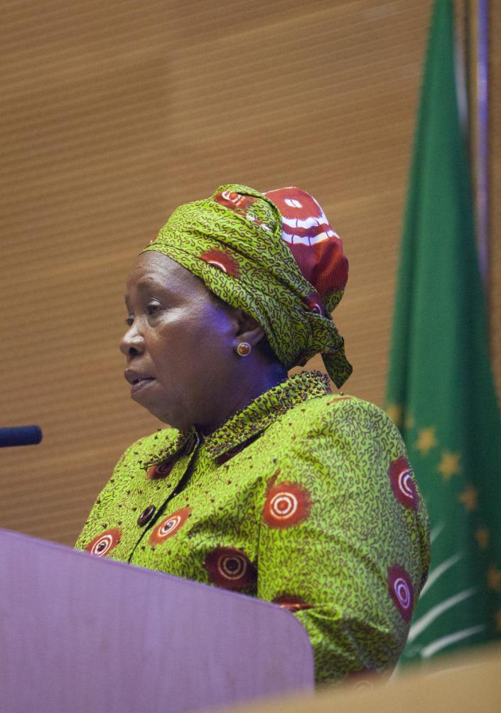 Nkosazana Dlamini Zuma, Chairperson of the African Union, gives opening remarks at a meeting called to discuss possible solutions to the Ebola Epidemic in West Africa, on September 8, 2014 (AFP Photo/Zacharias Abubeker)