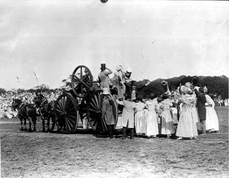 A replica of America's first steel railway, used to transport granite from the West Quincy quarries to the Neponset River, as depicted in the historical pageant during Quincy's tricentennial celebration.