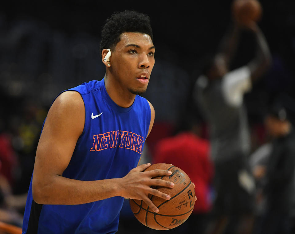 Jan 5, 2020; Los Angeles, California, USA; New York Knicks guard Allonzo Trier (14) warms up before the game against the Los Angeles Clippers at Staples Center.