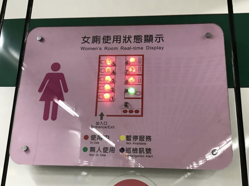 Electronic display showing occupancy of a women's restroom with indicators in Chinese and English