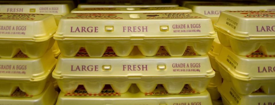 Eggs line the shelf of a grocery store in Ohio. According to the USDA, the typical carton in the Northeast region is now $3.30 to $3.34.